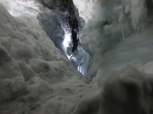 The entrance to the ice cave is high on the surface of the Langjökull glacier, 